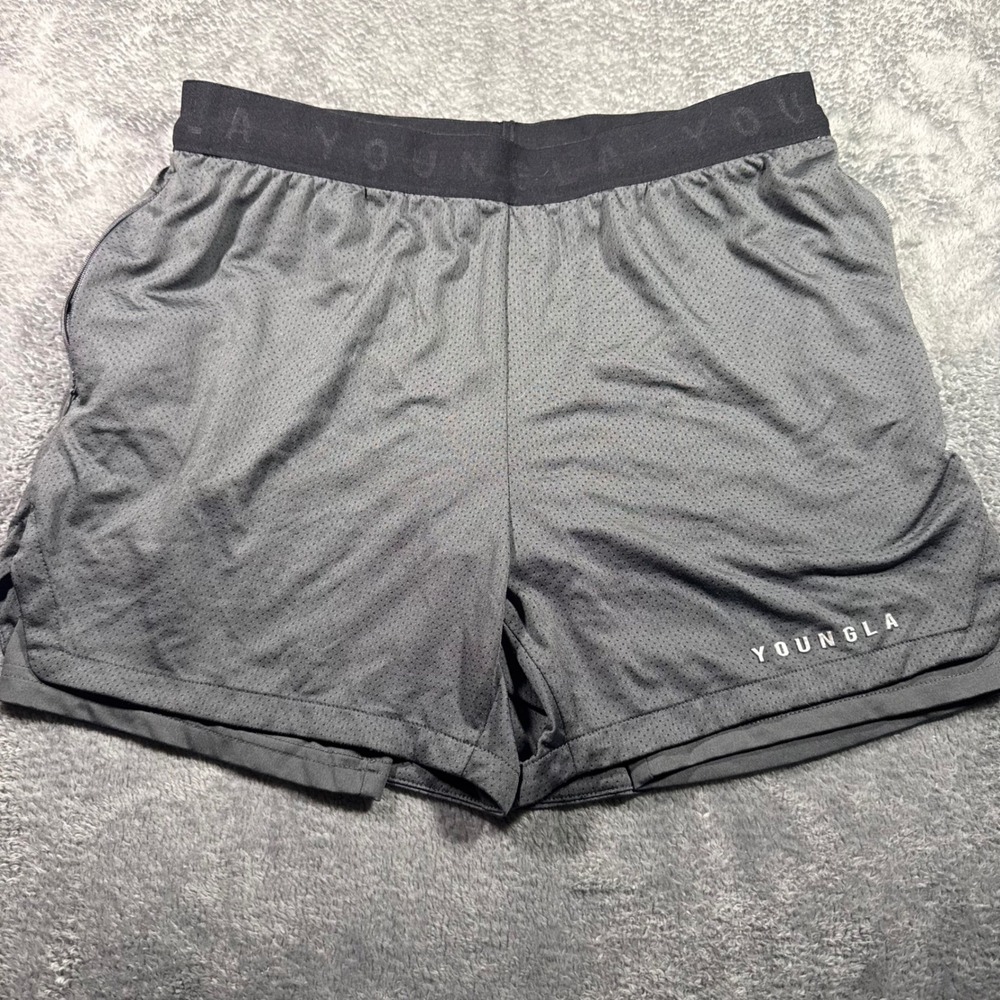 YoungLA Mens Gray 2-in-1 Mesh Gym Shorts Compression Liner Large 5 Inch Inseam